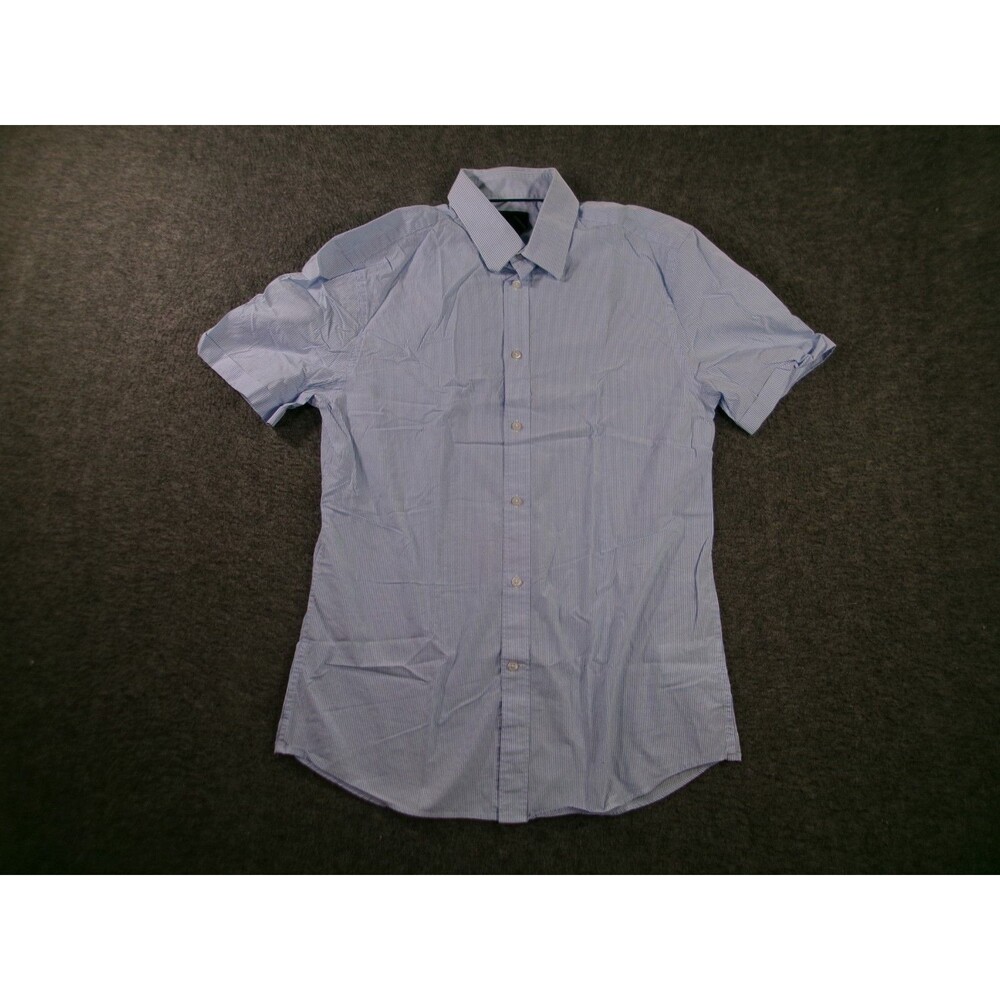 HM Shirt Men Medium Blue Striped Classic Office Casual Preppy Work Short Sleeve